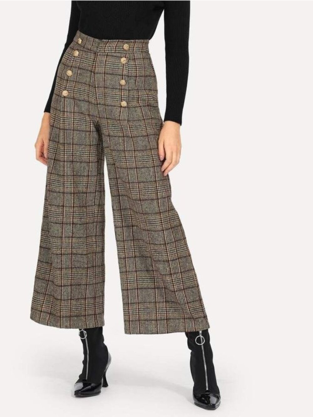 Womens Brown Plaid Tweed HIgh Waist Nautical Wide Leg Retro Pants Size Small